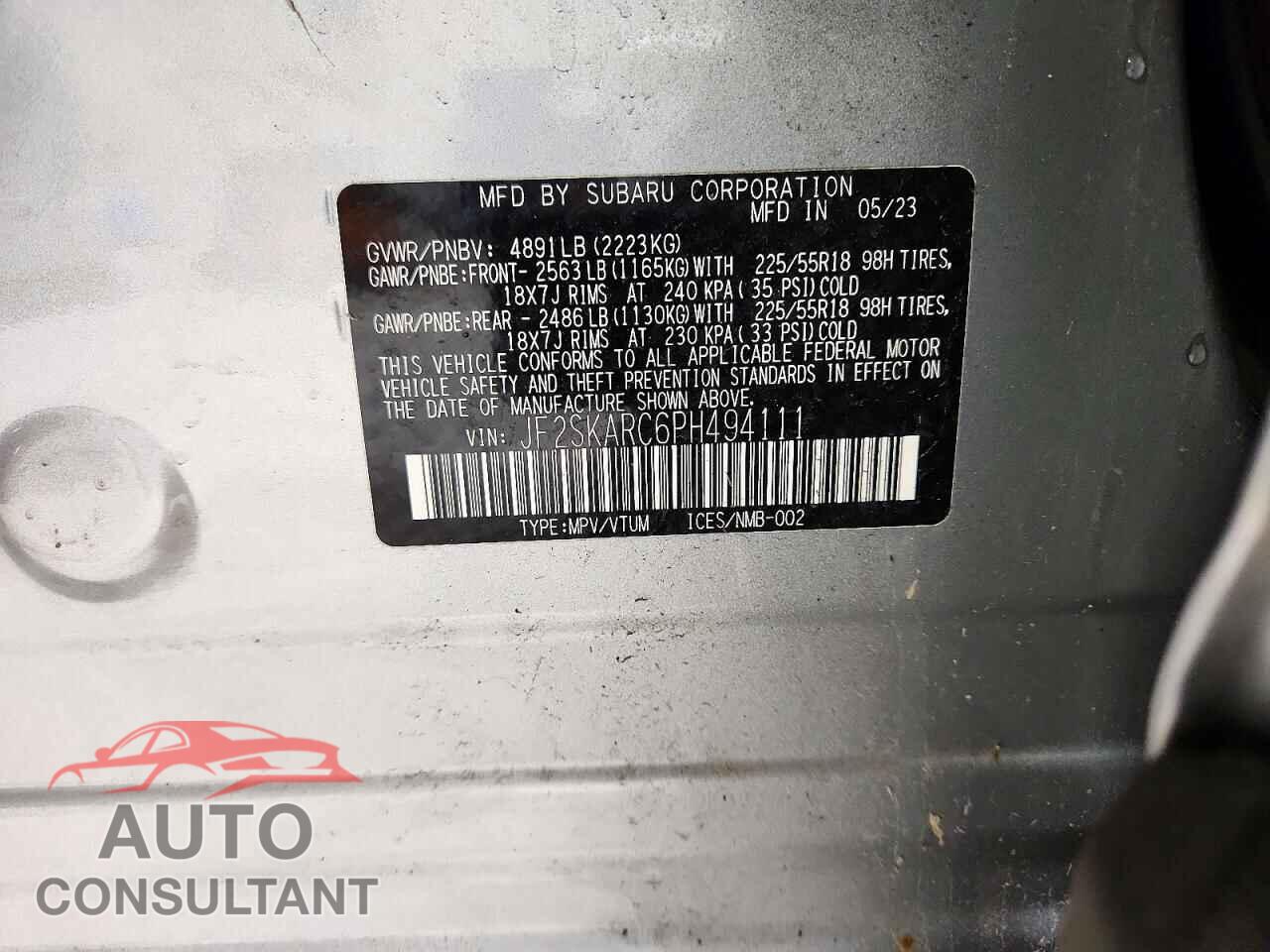 SUBARU FORESTER 2023 - JF2SKARC6PH494111