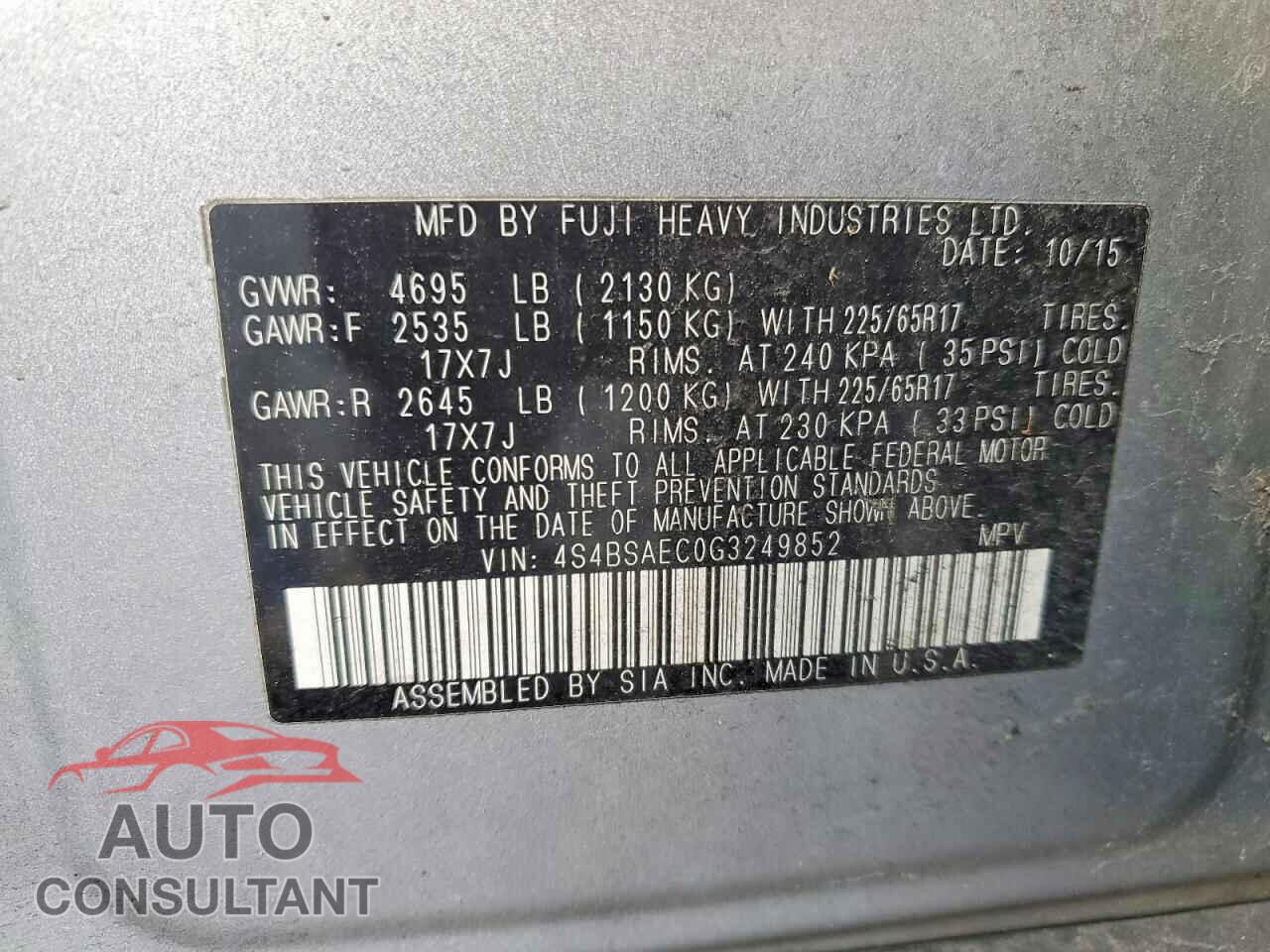SUBARU OUTBACK 2016 - 4S4BSAEC0G3249852