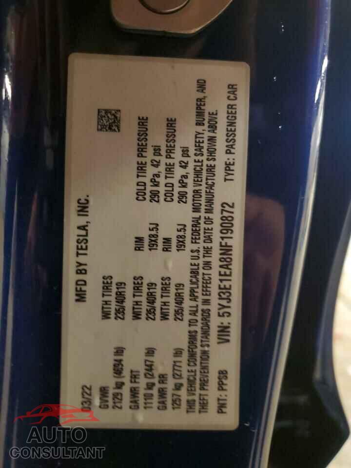 TESLA MODEL 3 2022 - 5YJ3E1EA8NF190872