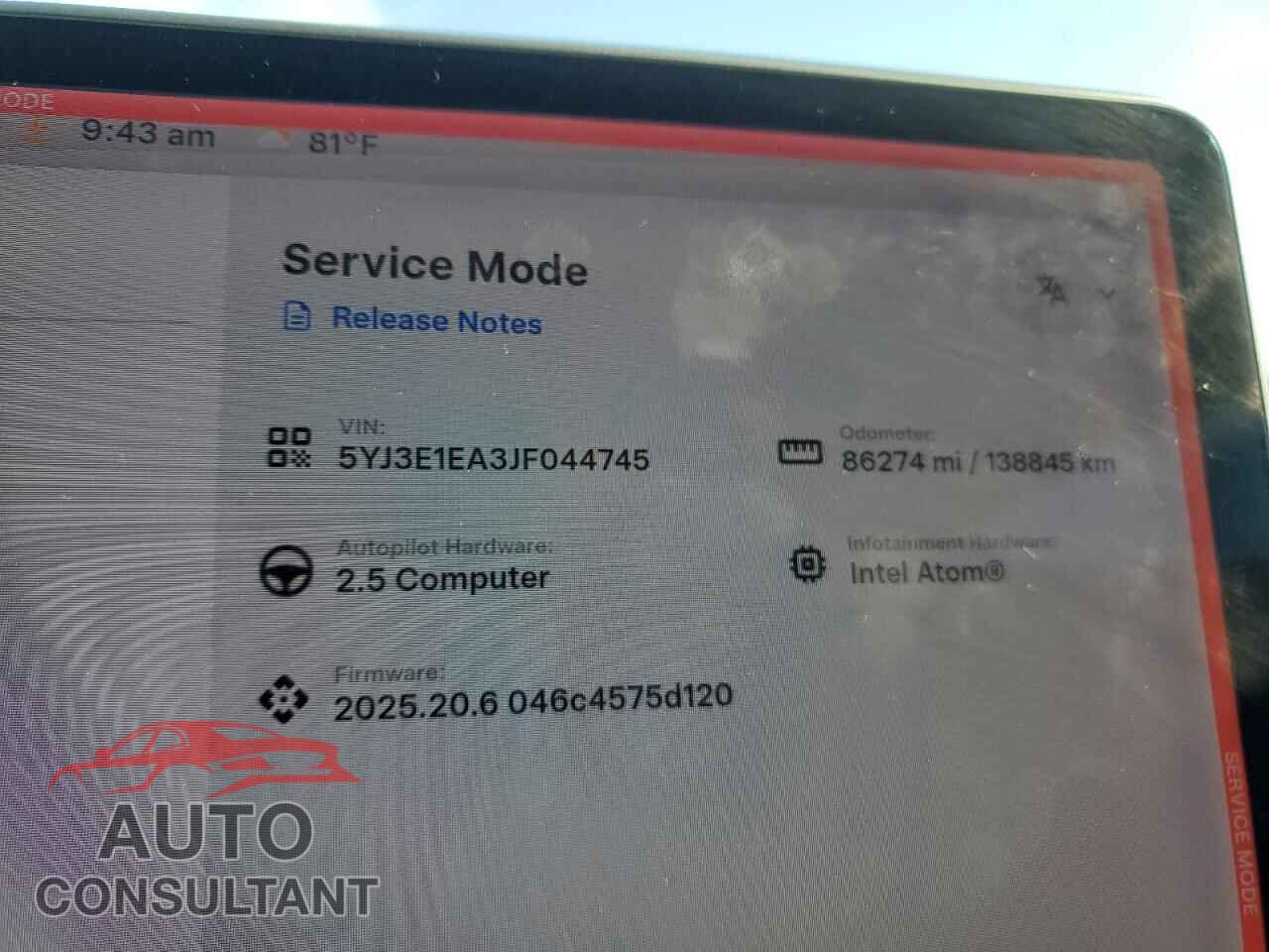 TESLA MODEL 3 2018 - 5YJ3E1EA3JF044745