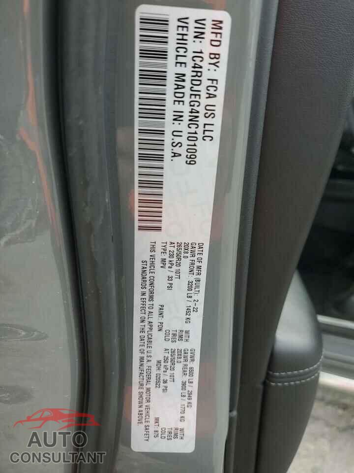 DODGE DURANGO 2022 - 1C4RDJEG4NC101099