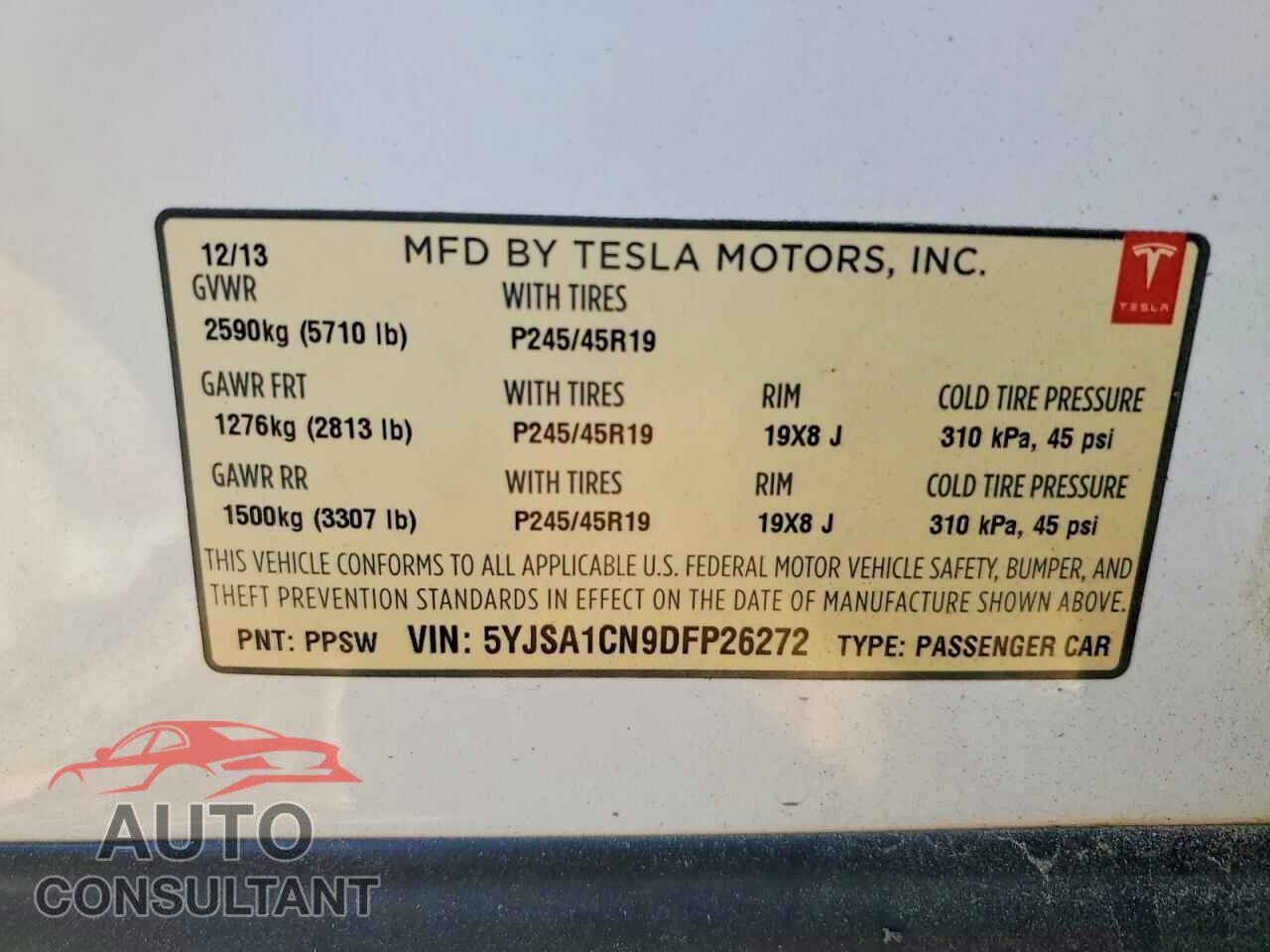 TESLA MODEL S 2013 - 5YJSA1CN9DFP26272