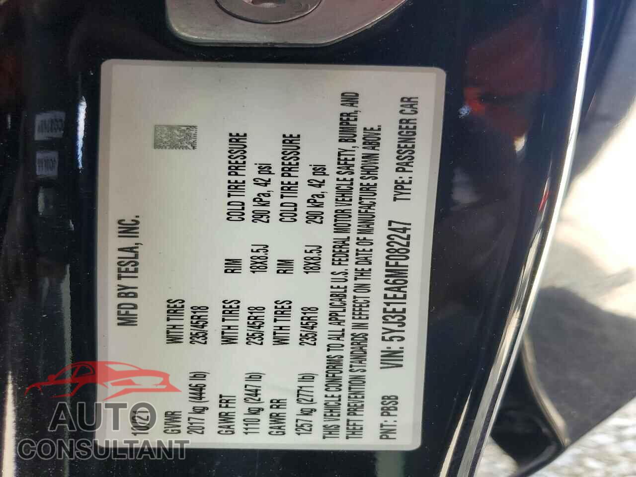 TESLA MODEL 3 2021 - 5YJ3E1EA6MF082247