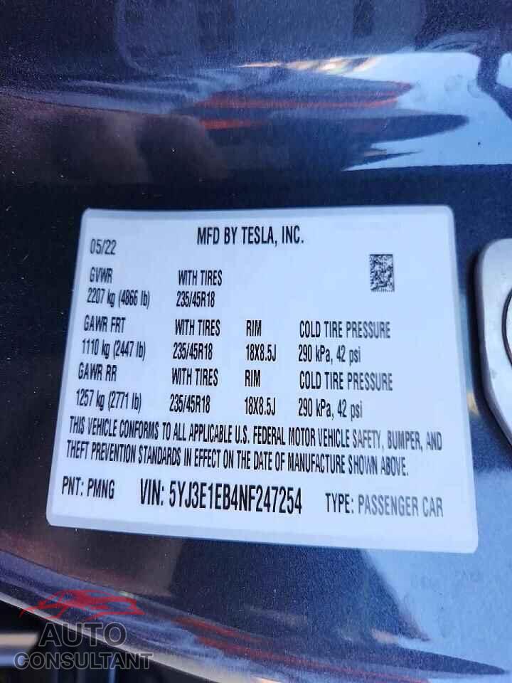 TESLA MODEL 3 2022 - 5YJ3E1EB4NF247254