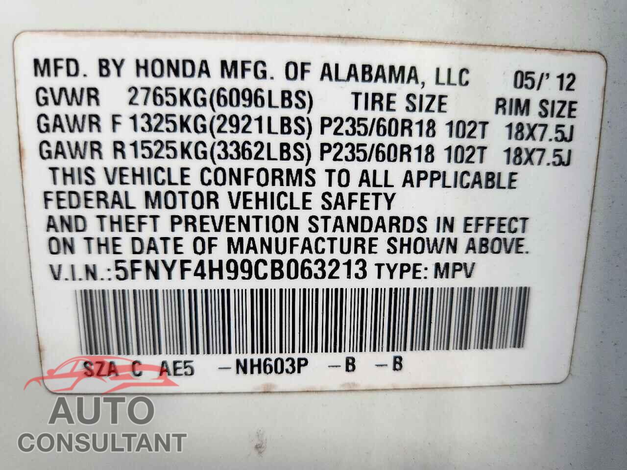 HONDA PILOT 2012 - 5FNYF4H99CB063213