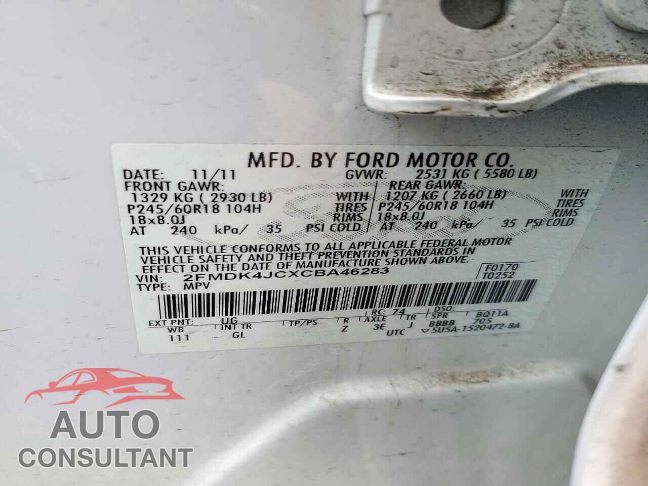 FORD EDGE 2012 - 2FMDK4JCXCBA46283