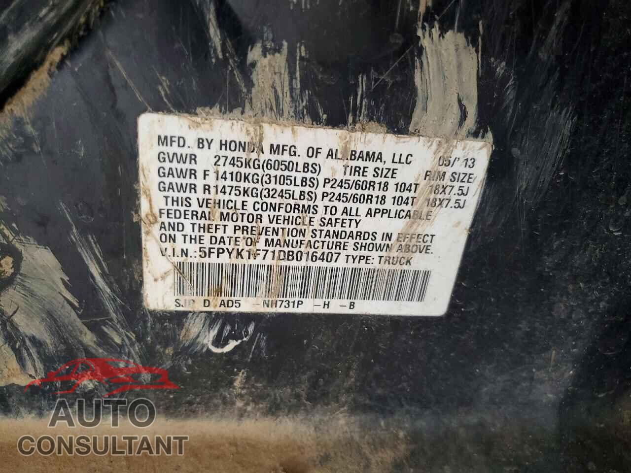 HONDA RIDGELINE 2013 - 5FPYK1F71DB016407