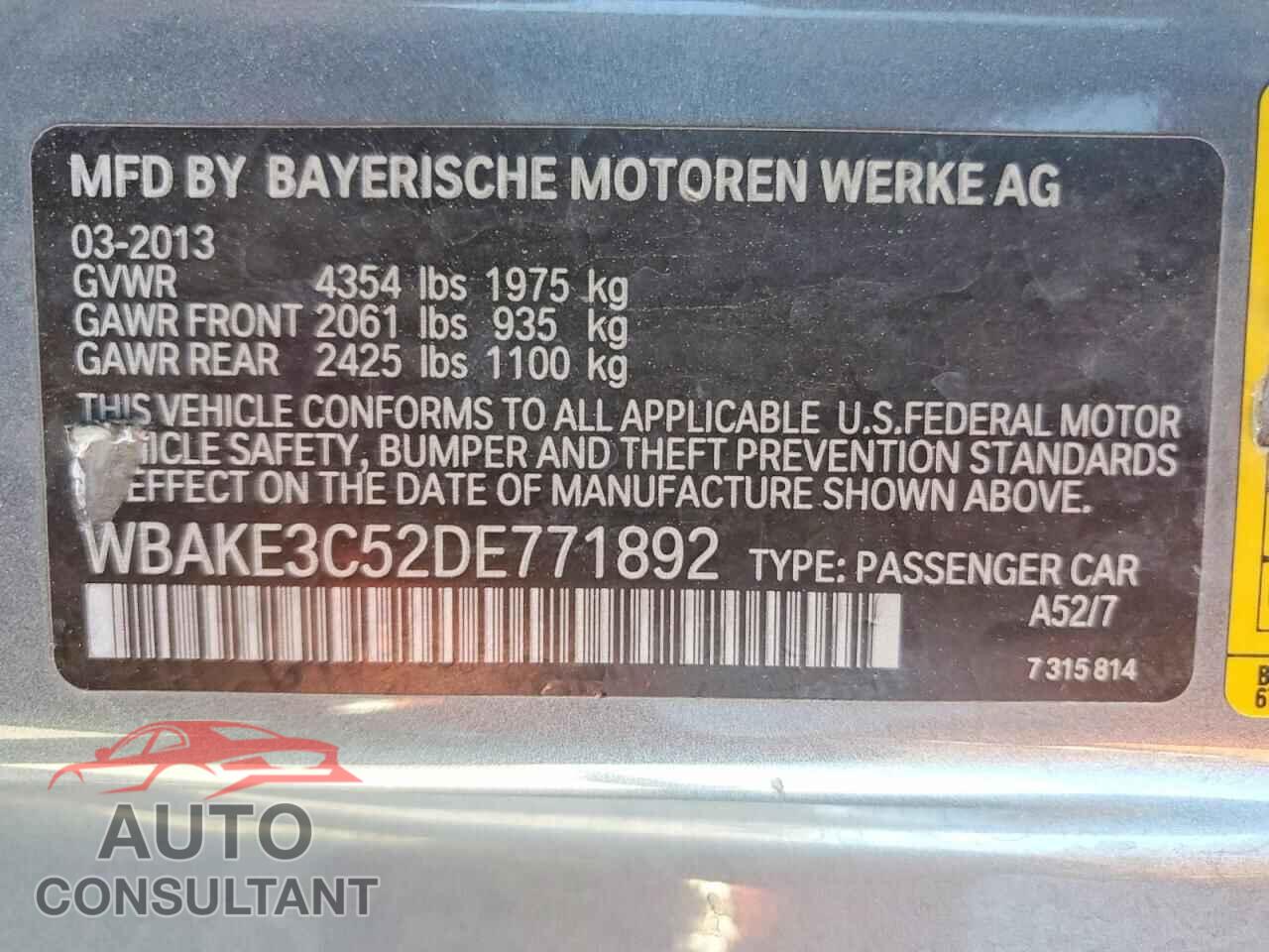 BMW 3 SERIES 2013 - WBAKE3C52DE771892