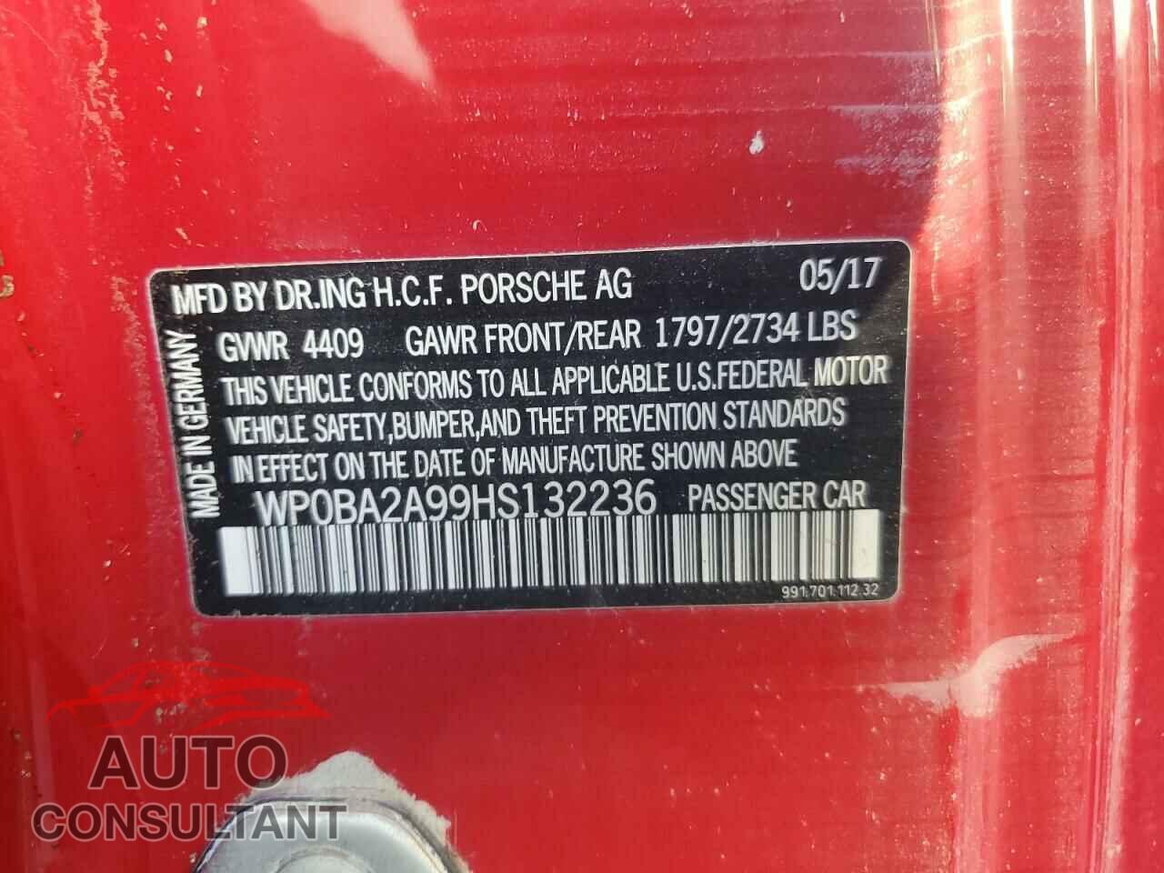 PORSCHE 911 2017 - WP0BA2A99HS132236