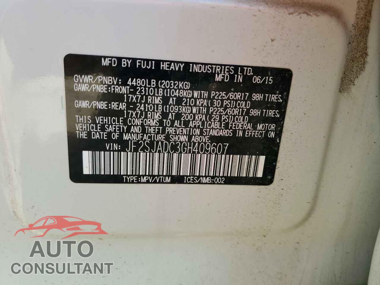 SUBARU FORESTER 2016 - JF2SJADC3GH409607