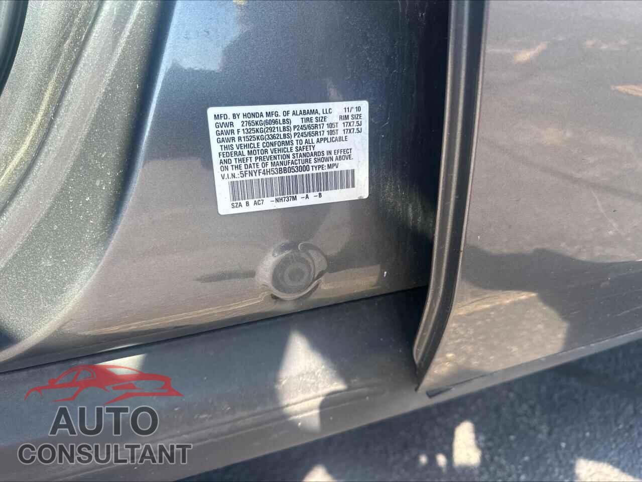 HONDA PILOT 2011 - 5FNYF4H53BB053000