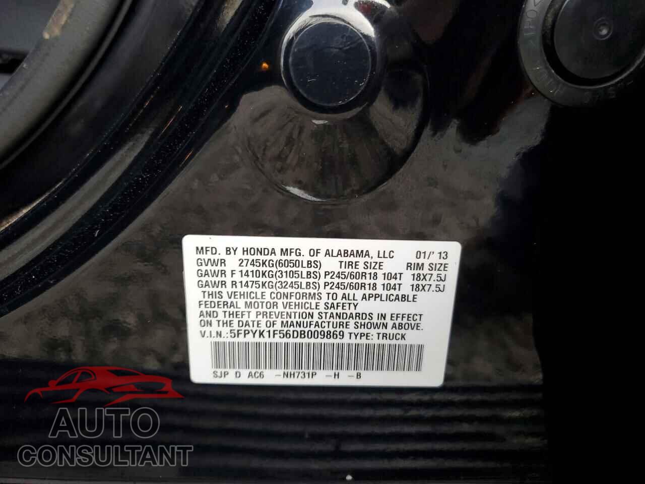 HONDA RIDGELINE 2013 - 5FPYK1F56DB009869