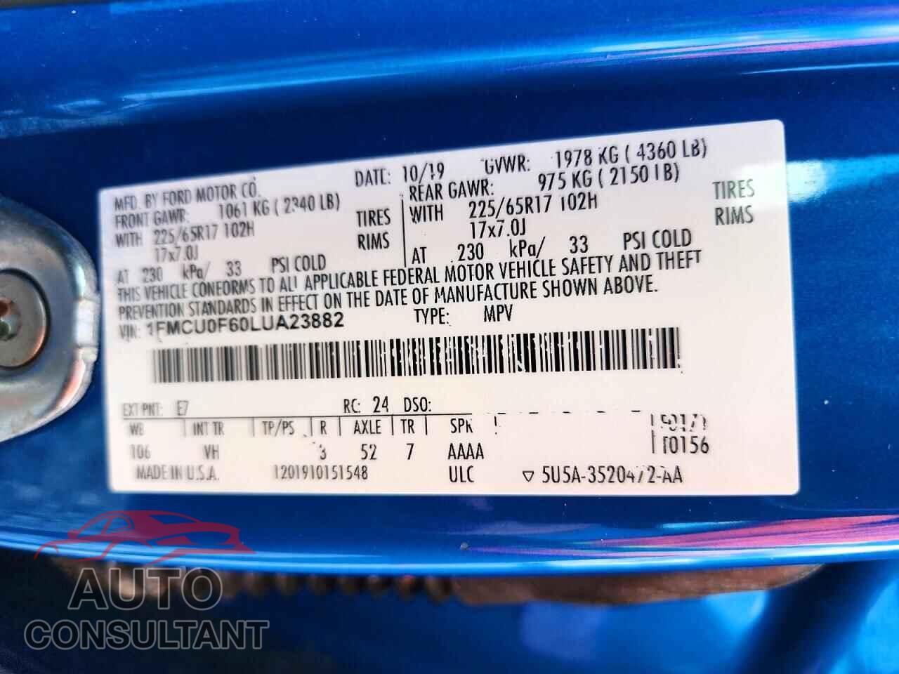 FORD ESCAPE 2020 - 1FMCU0F60LUA23882