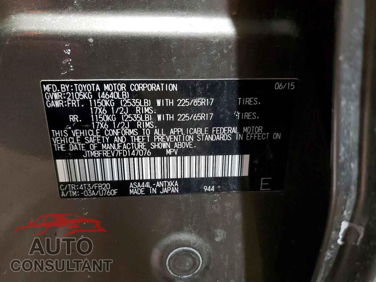 TOYOTA RAV4 2015 - JTMBFREV7FD147076