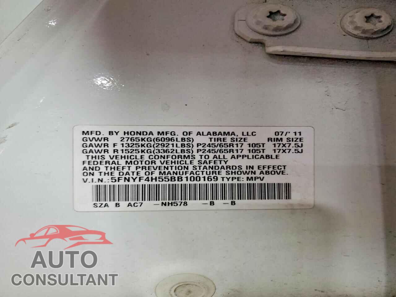 HONDA PILOT 2011 - 5FNYF4H55BB100169