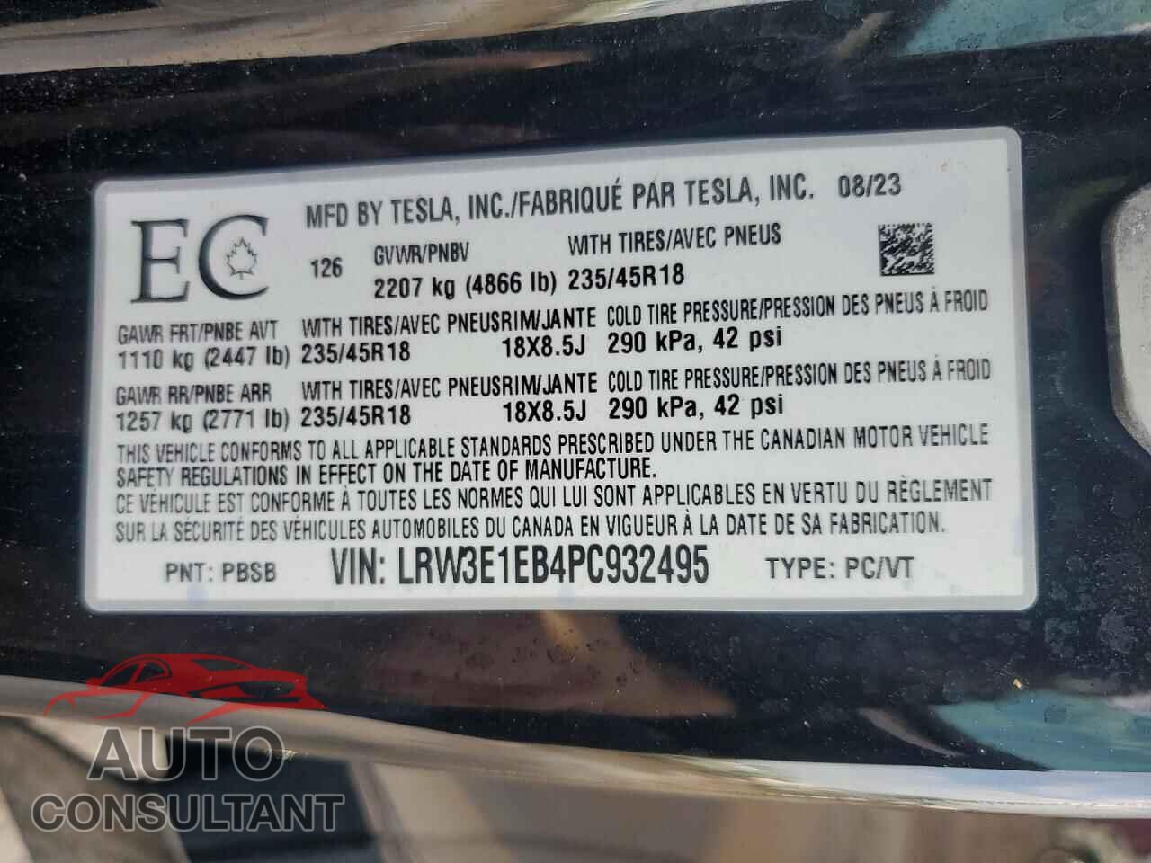 TESLA MODEL 3 2023 - LRW3E1EB4PC932495