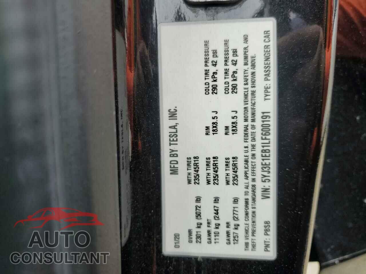 TESLA MODEL 3 2020 - 5YJ3E1EB1LF600191