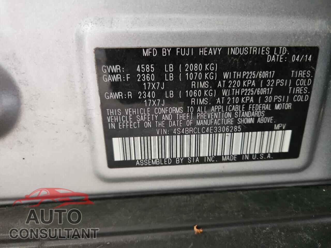 SUBARU OUTBACK 2014 - 4S4BRCLC4E3306285