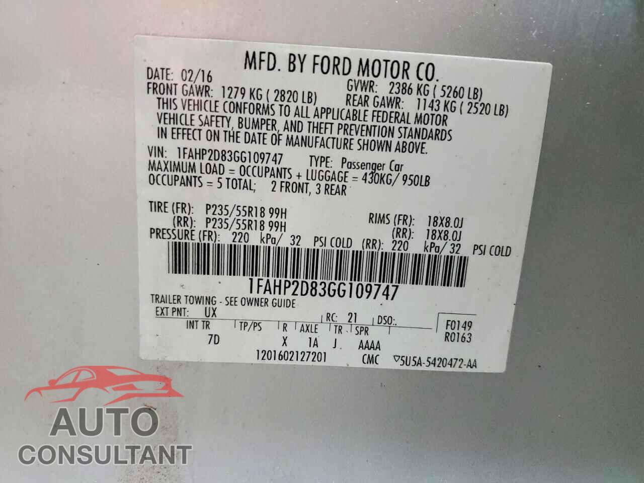 FORD TAURUS 2016 - 1FAHP2D83GG109747
