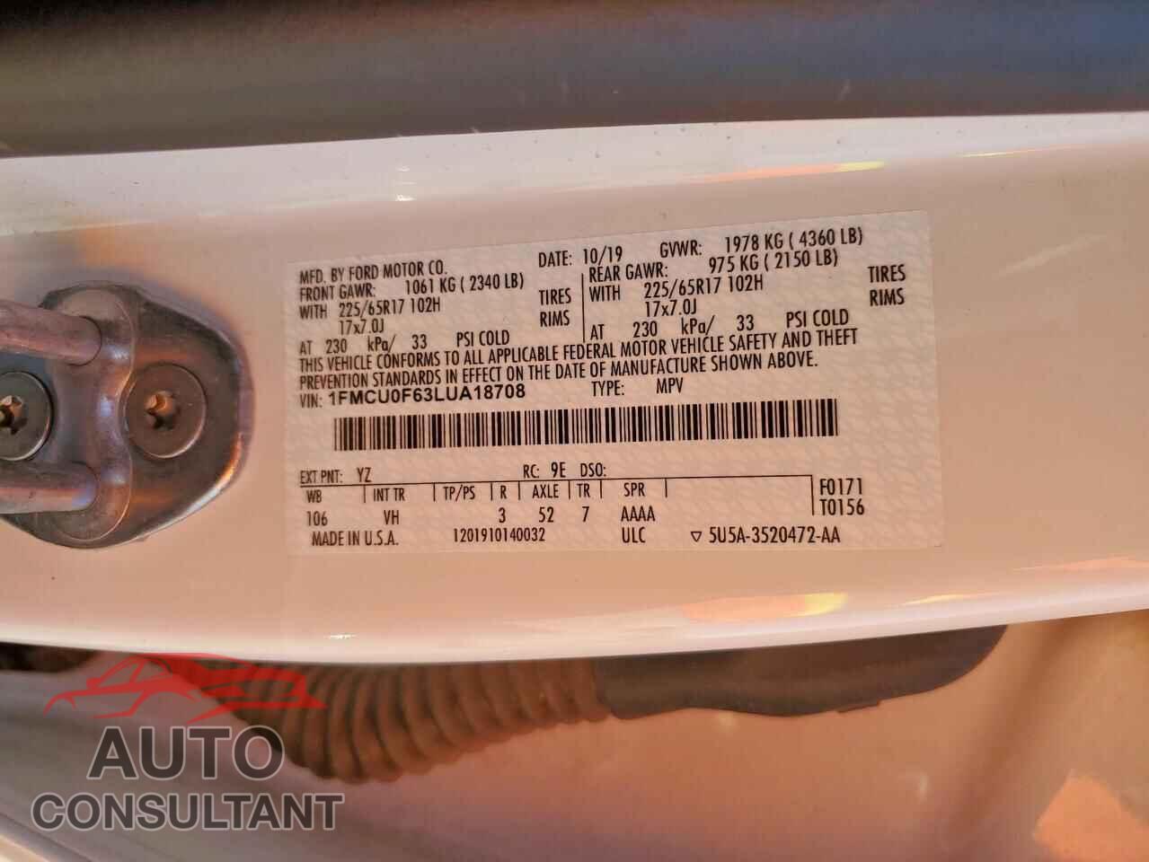 FORD ESCAPE 2020 - 1FMCU0F63LUA18708