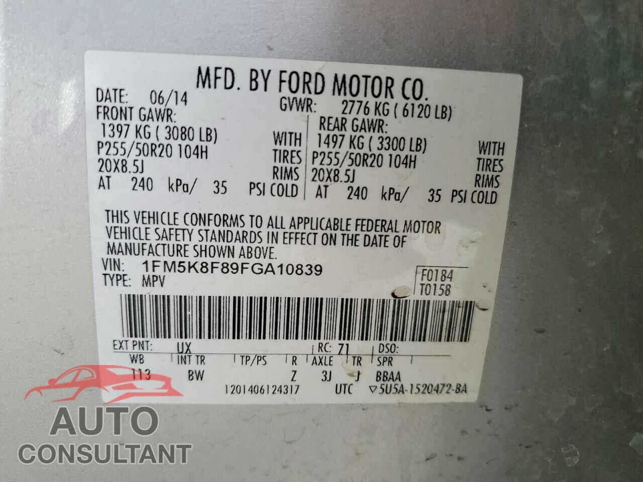 FORD EXPLORER 2015 - 1FM5K8F89FGA10839