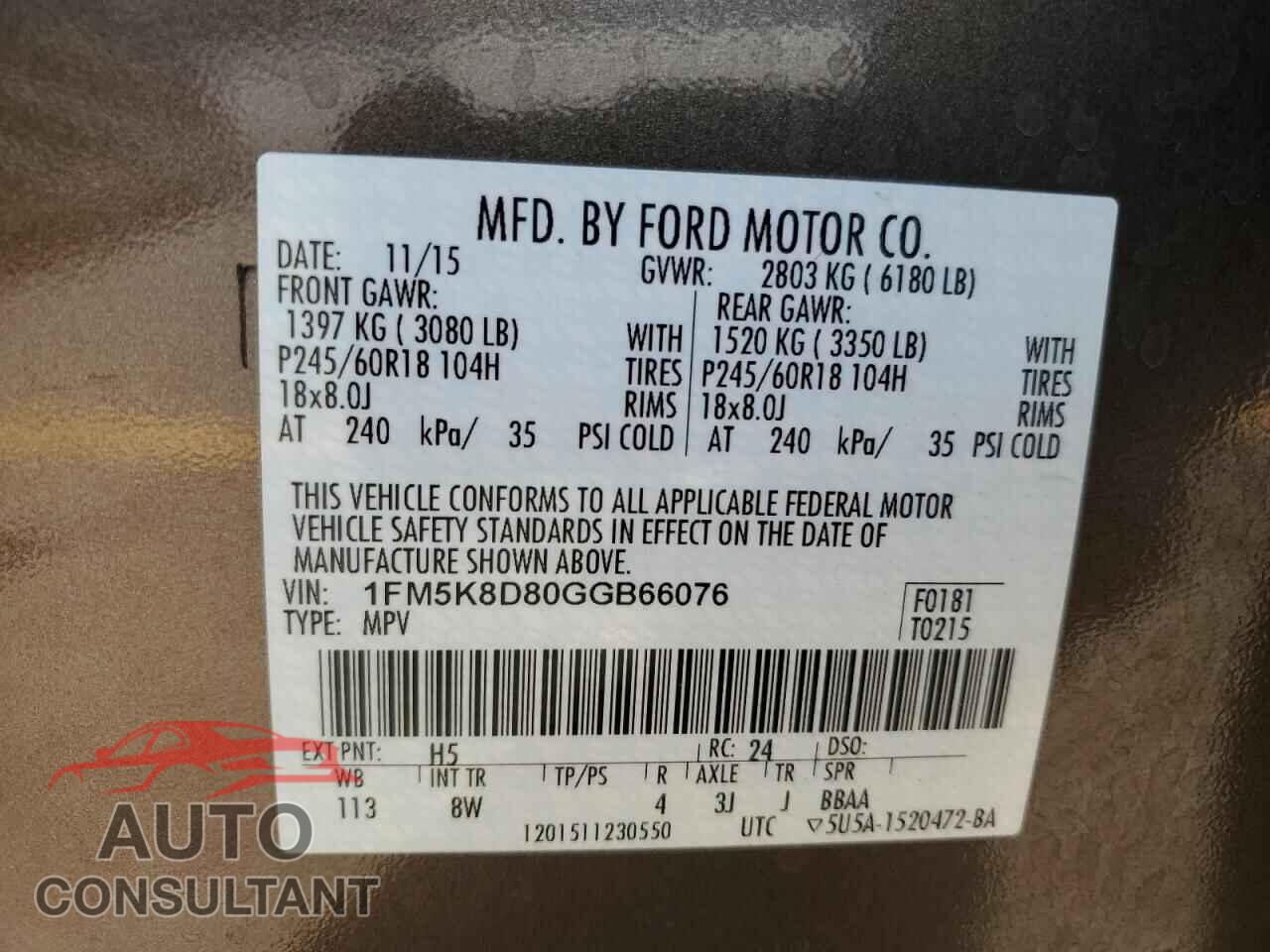 FORD EXPLORER 2016 - 1FM5K8D80GGB66076