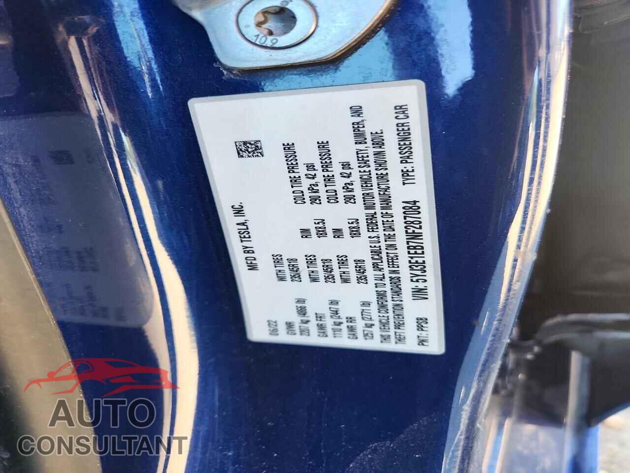 TESLA MODEL 3 2022 - 5YJ3E1EB7NF287084
