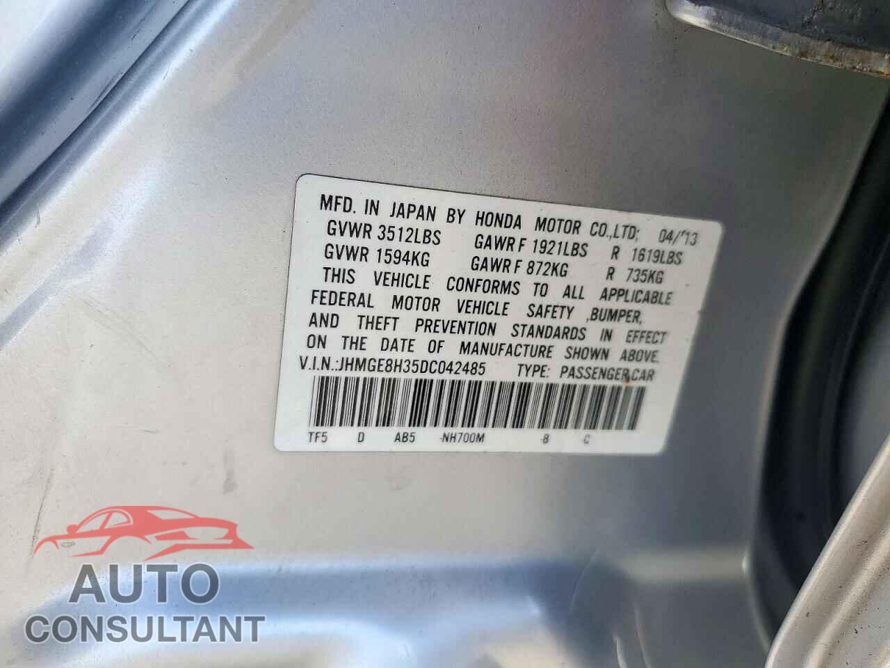 HONDA FIT 2013 - JHMGE8H35DC042485
