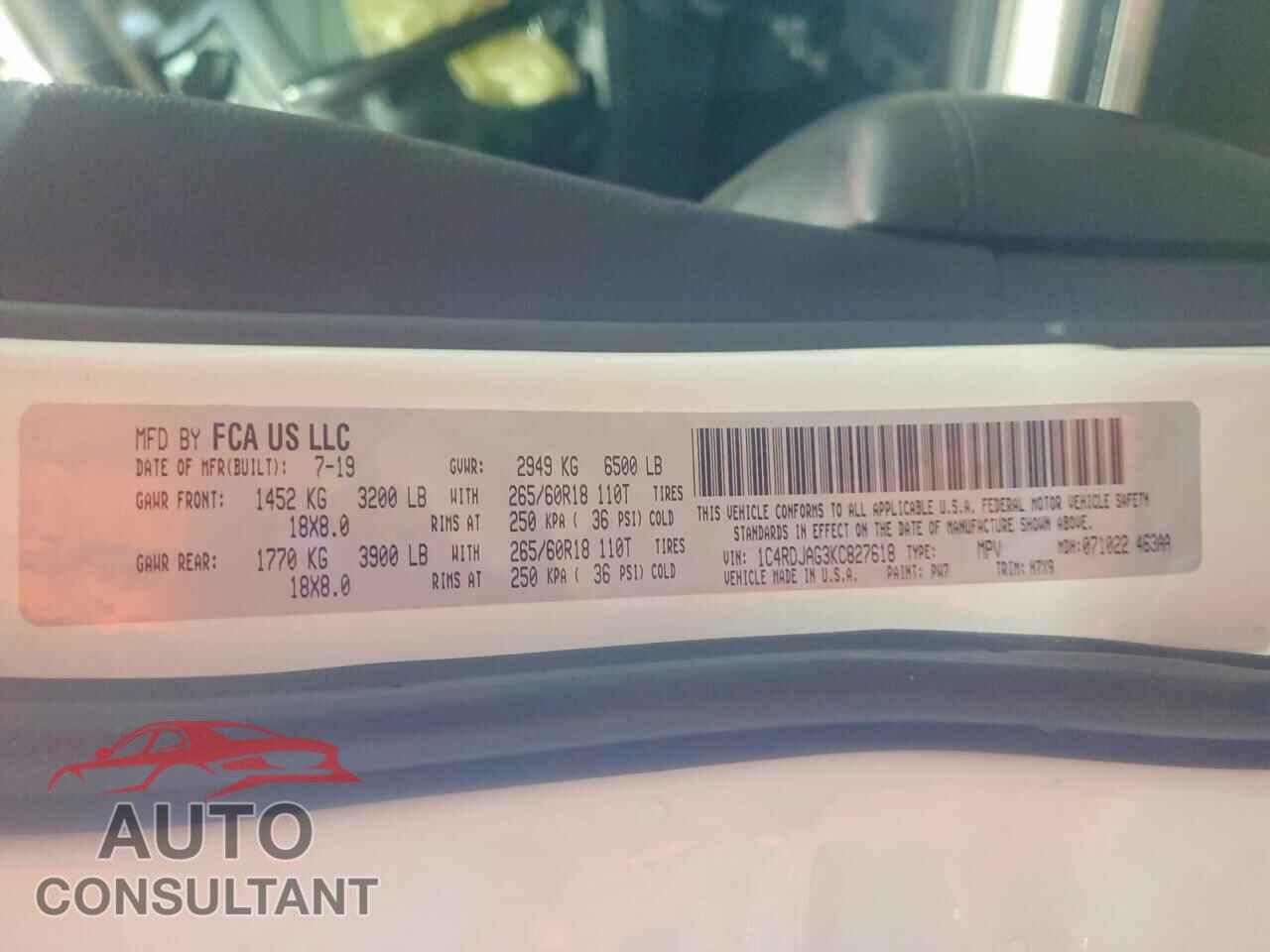 DODGE DURANGO 2019 - 1C4RDJAG3KC827618