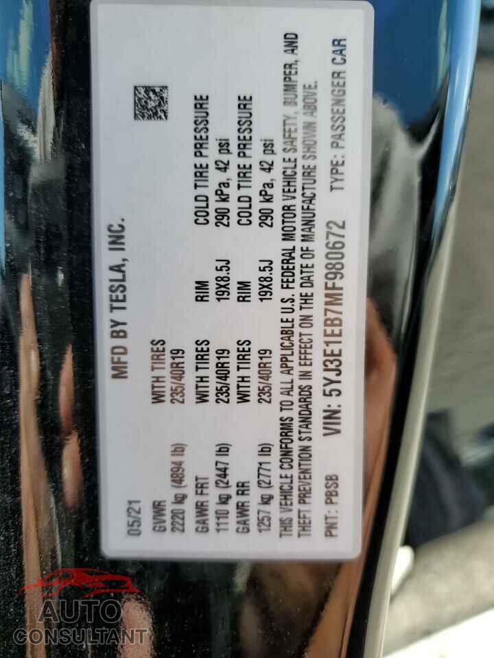 TESLA MODEL 3 2021 - 5YJ3E1EB7MF980672