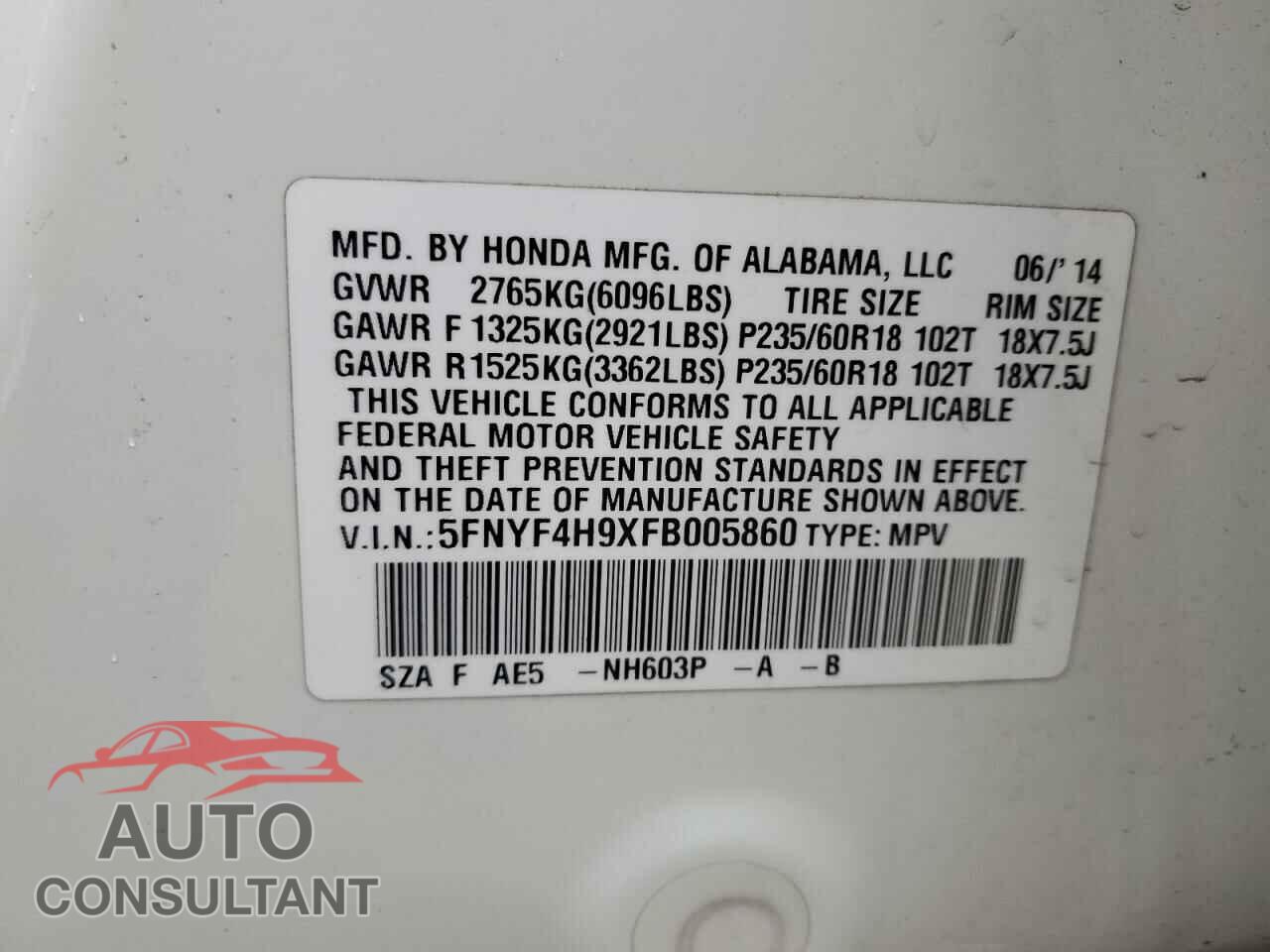 HONDA PILOT 2015 - 5FNYF4H9XFB005860
