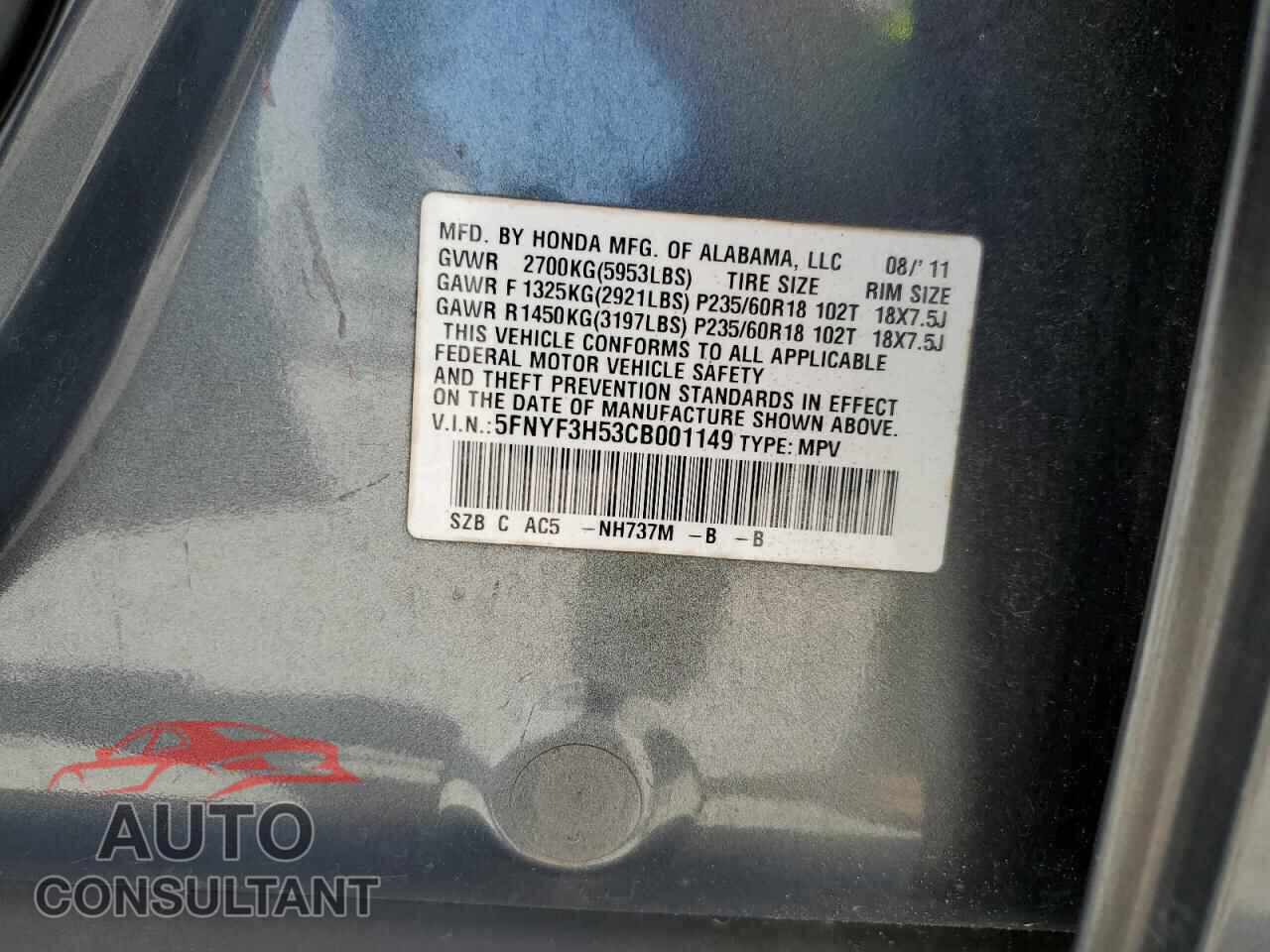 HONDA PILOT 2012 - 5FNYF3H53CB001149