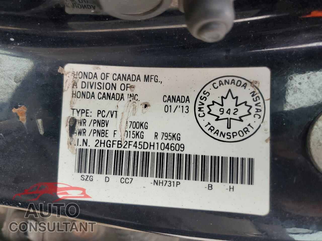 HONDA CIVIC 2013 - 2HGFB2F45DH104609