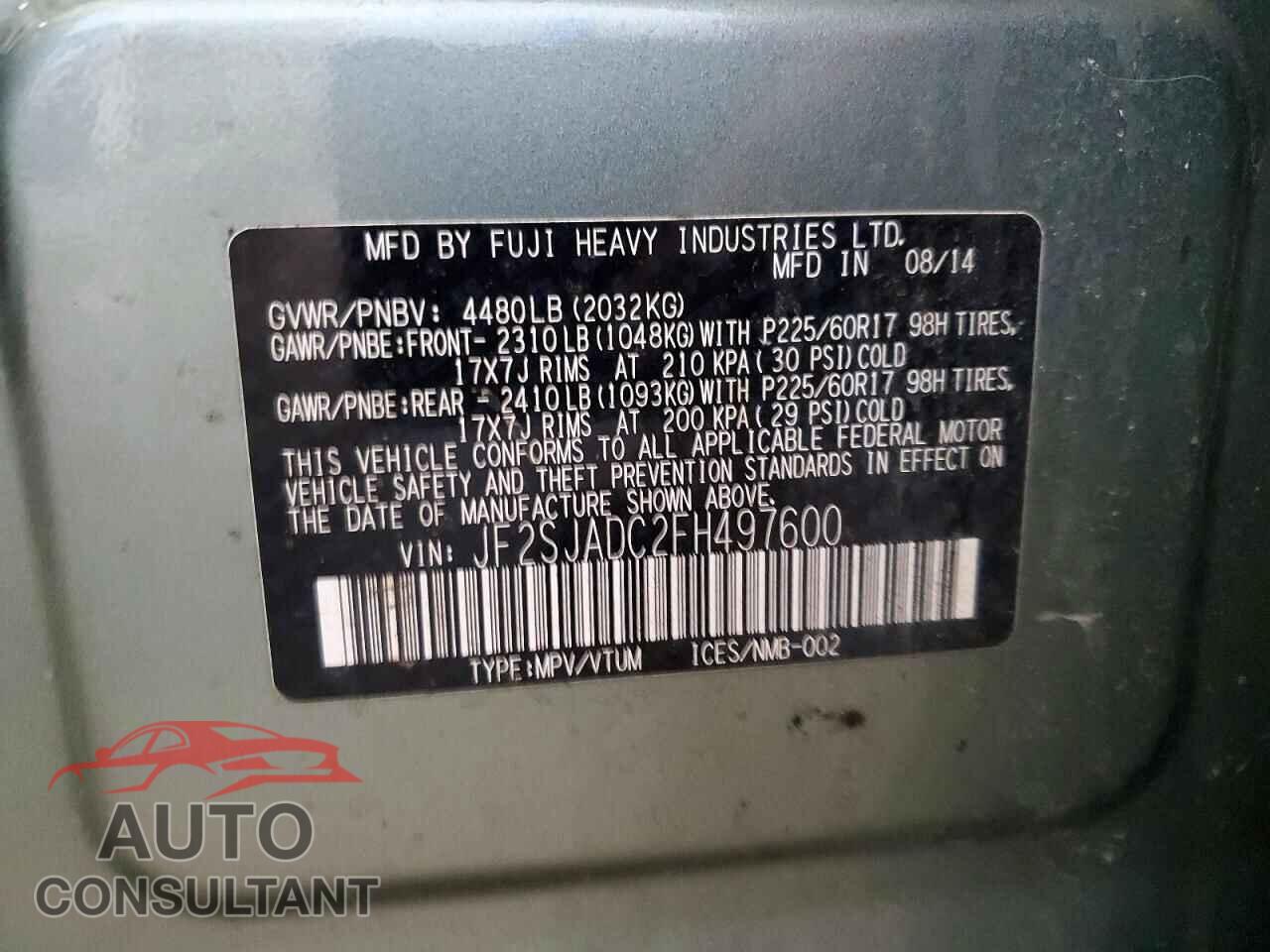 SUBARU FORESTER 2015 - JF2SJADC2FH497600