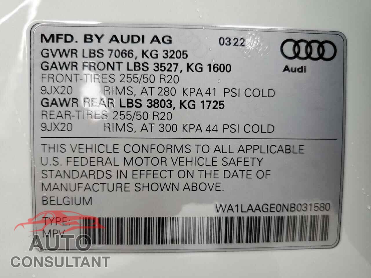 AUDI E-TRON 2022 - WA1LAAGE0NB031580