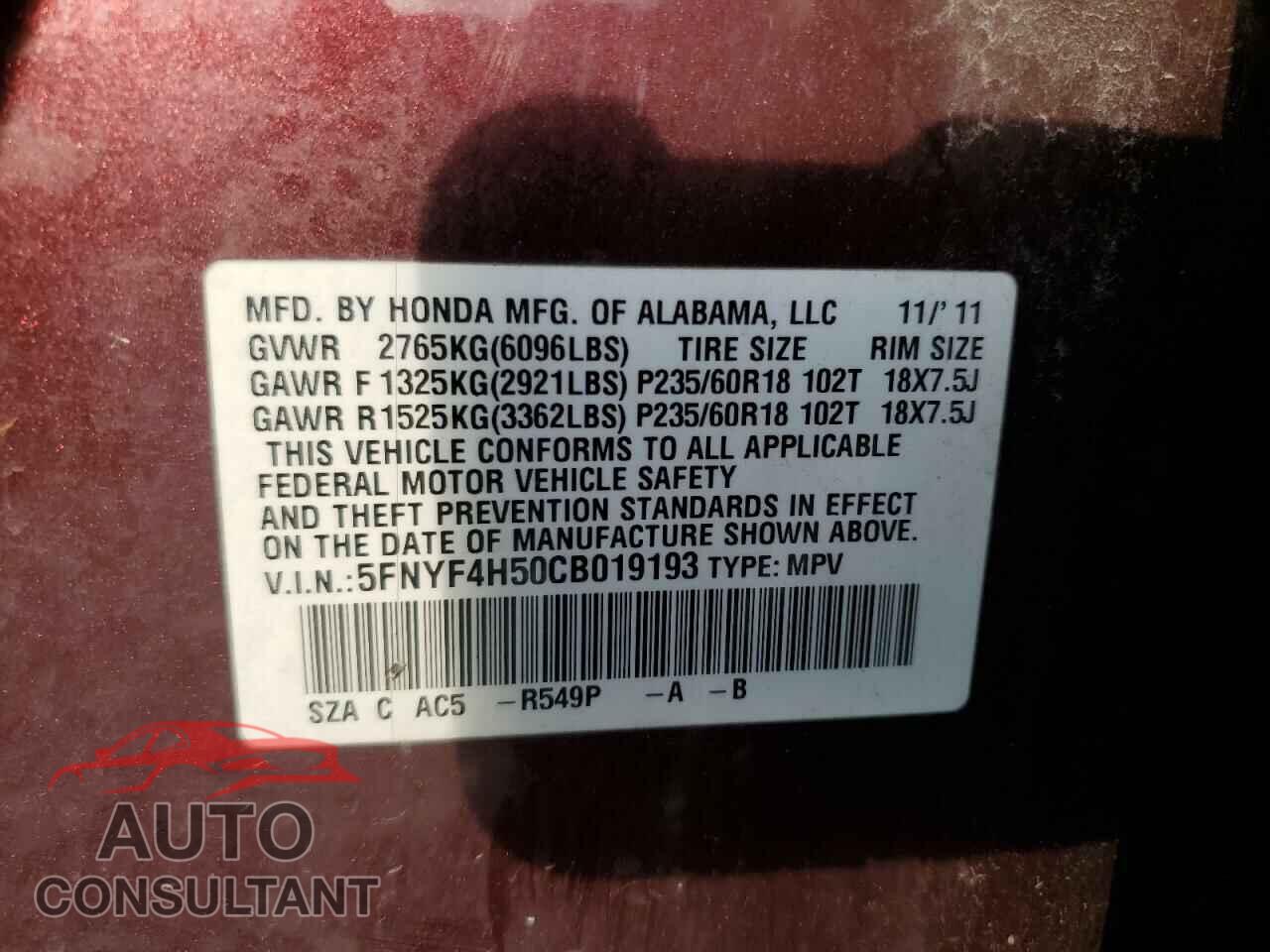 HONDA PILOT 2012 - 5FNYF4H50CB019193