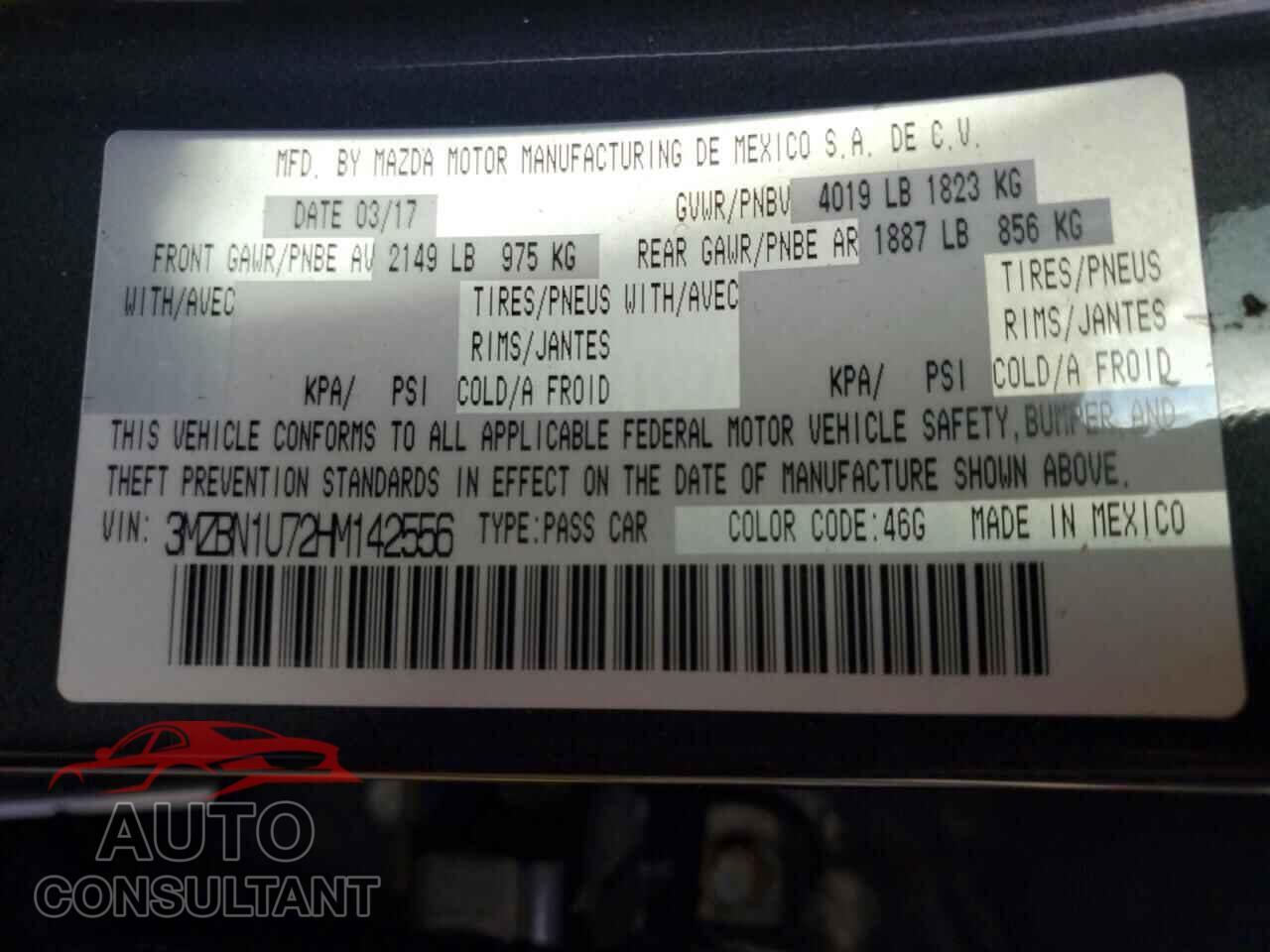 MAZDA 3 2017 - 3MZBN1U72HM142556