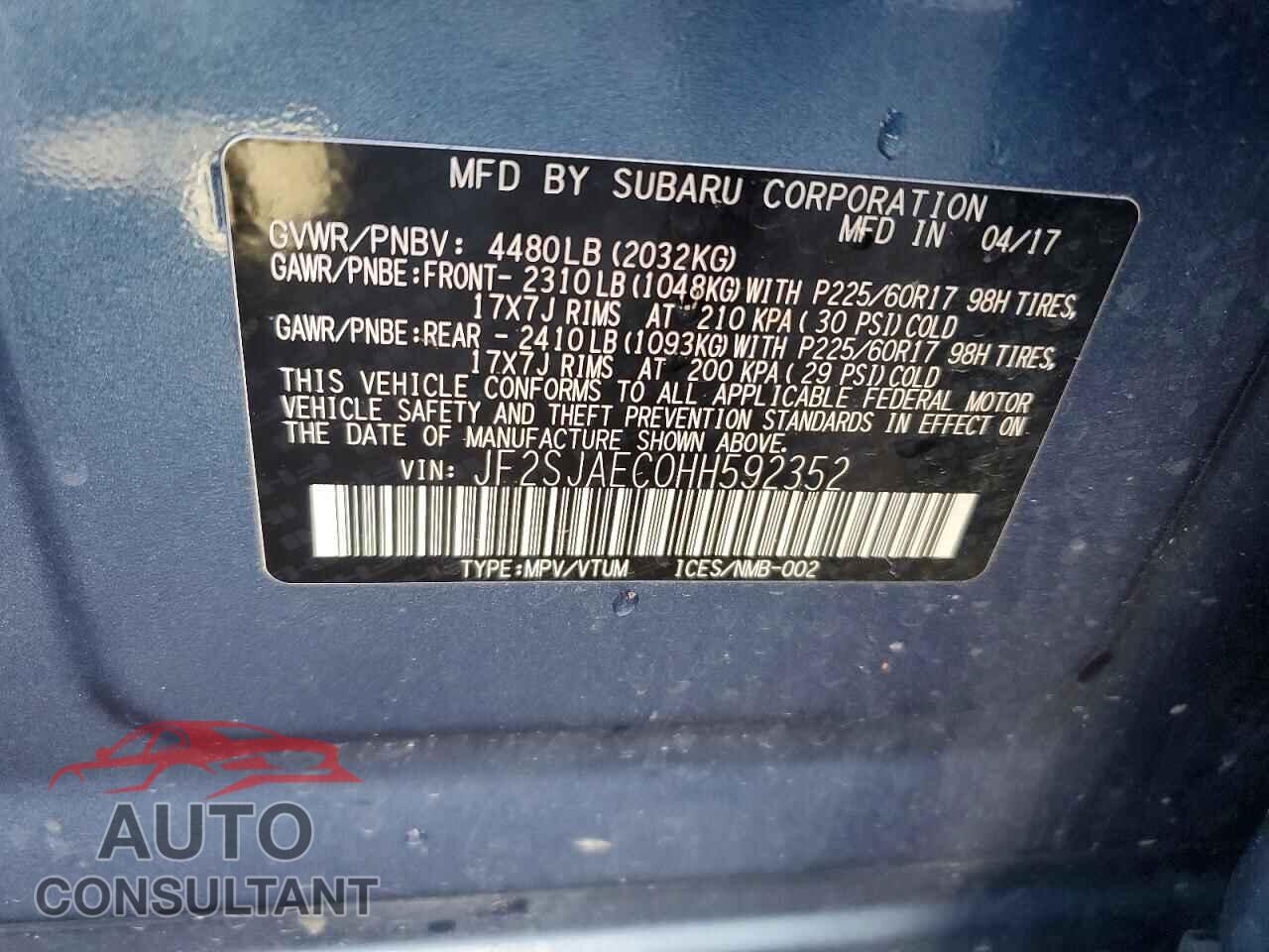 SUBARU FORESTER 2017 - JF2SJAEC0HH592352