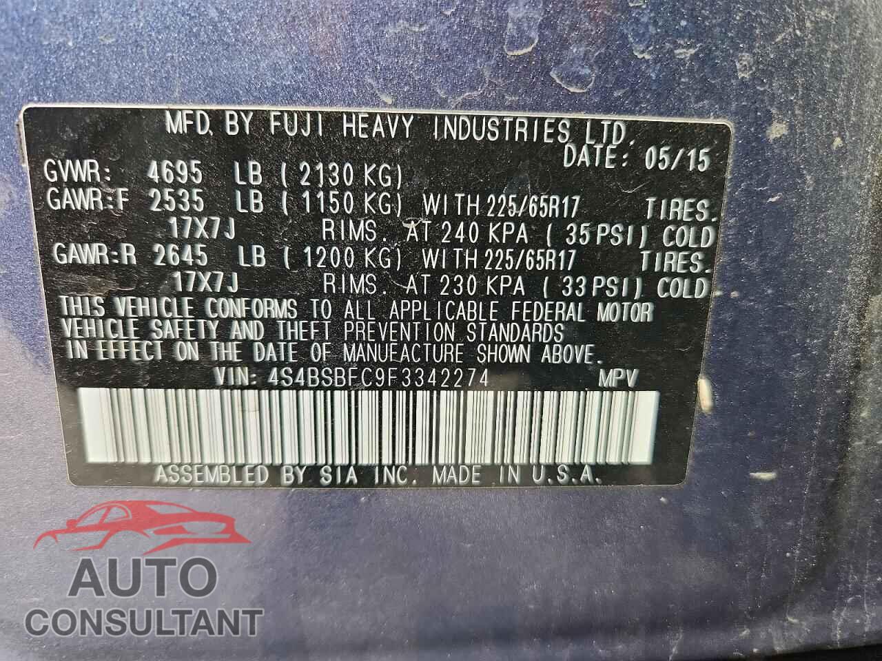 SUBARU OUTBACK 2015 - 4S4BSBFC9F3342274