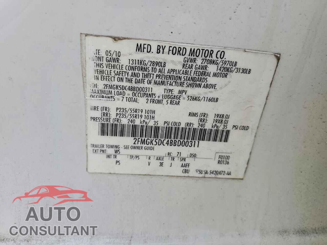 FORD FLEX 2011 - 2FMGK5DC4BBD00311