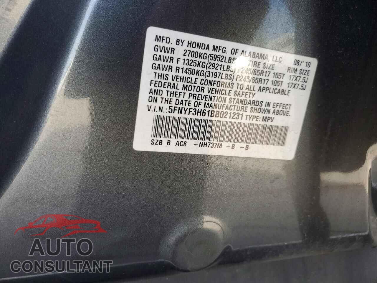 HONDA PILOT 2011 - 5FNYF3H61BB021231