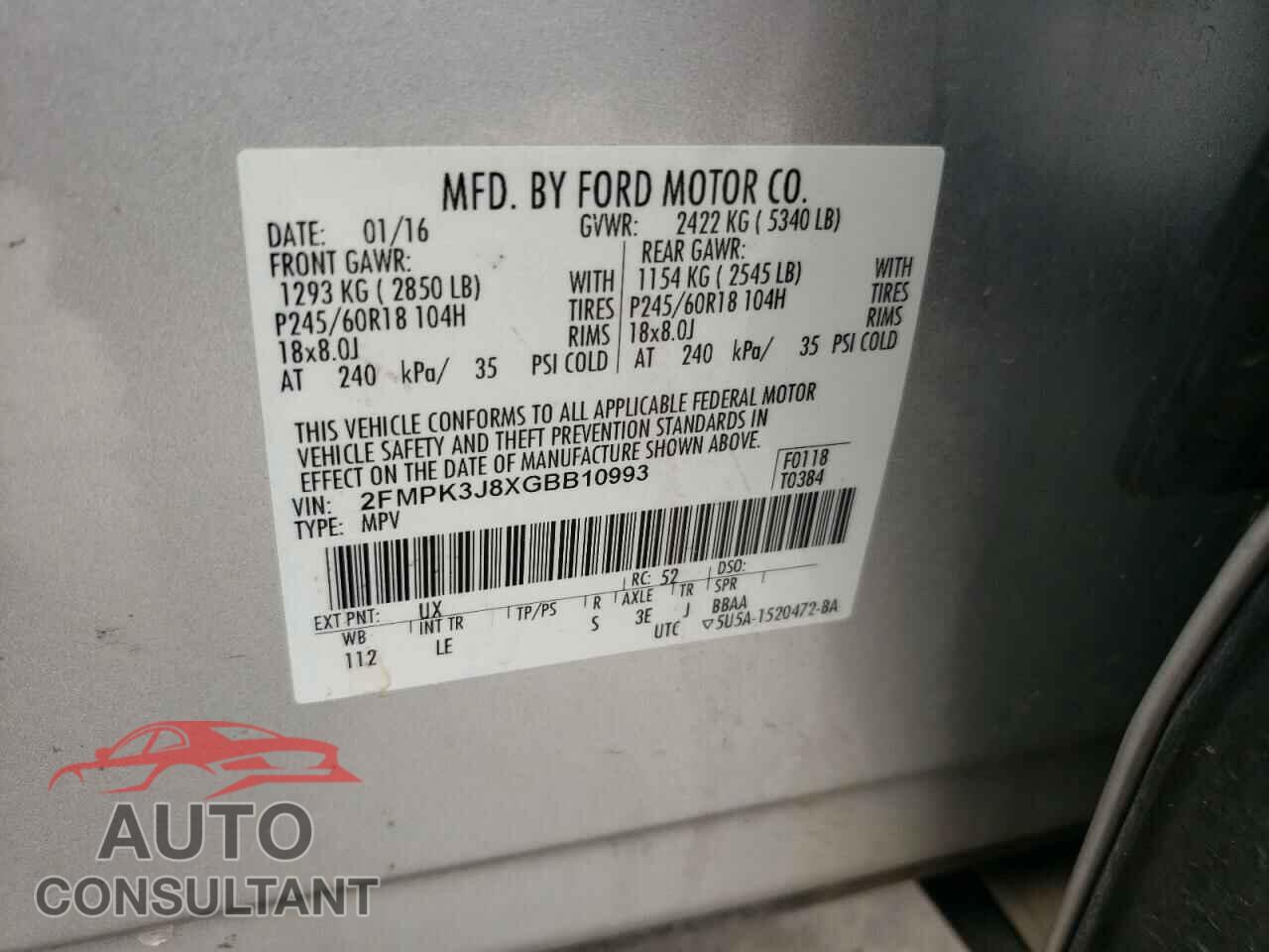 FORD EDGE 2016 - 2FMPK3J8XGBB10993