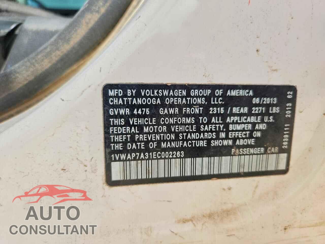 VOLKSWAGEN PASSAT 2014 - 1VWAP7A31EC002263