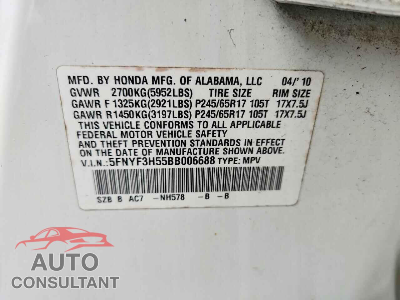HONDA PILOT 2011 - 5FNYF3H55BB006688