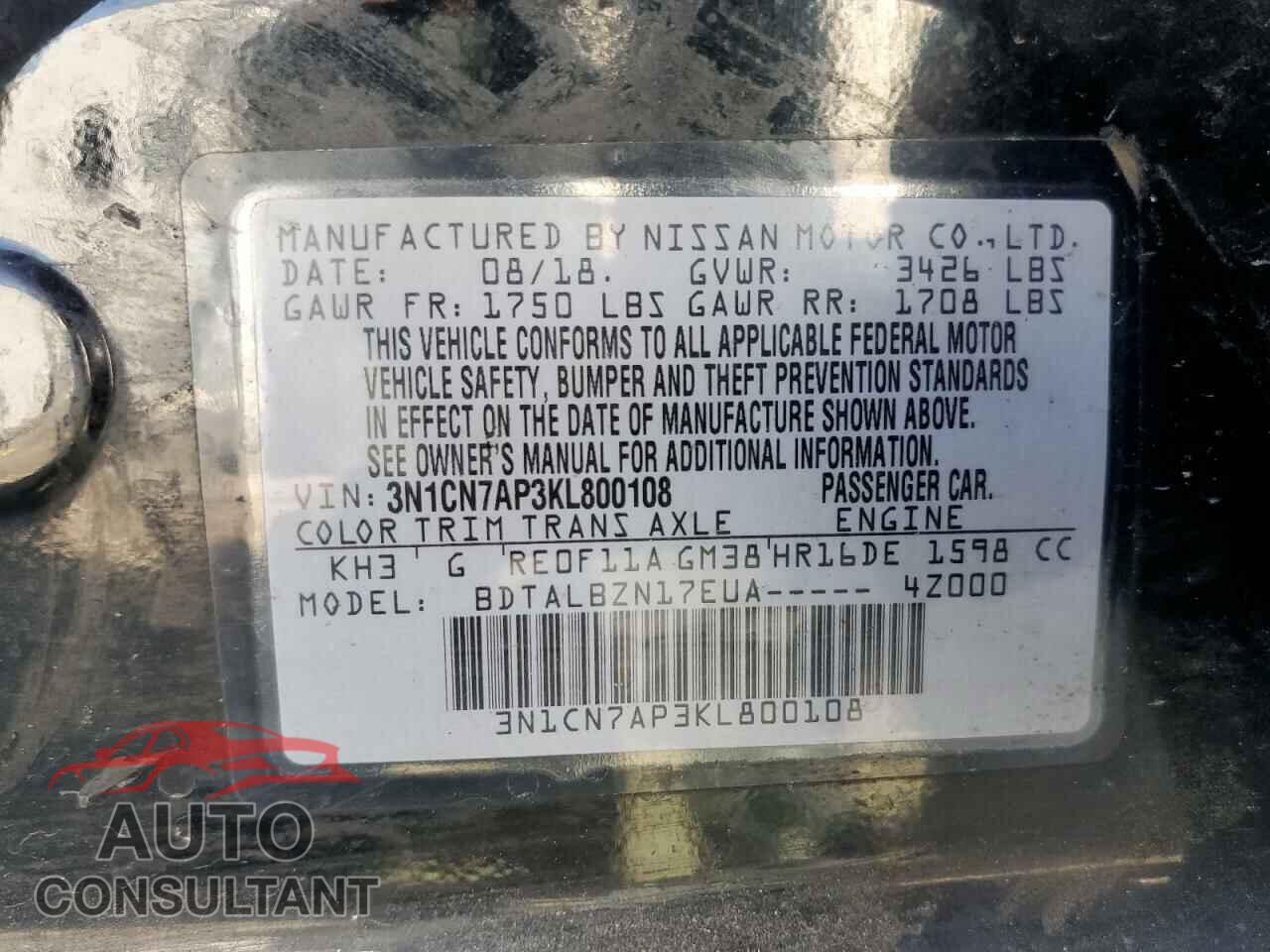 NISSAN VERSA 2019 - 3N1CN7AP3KL800108