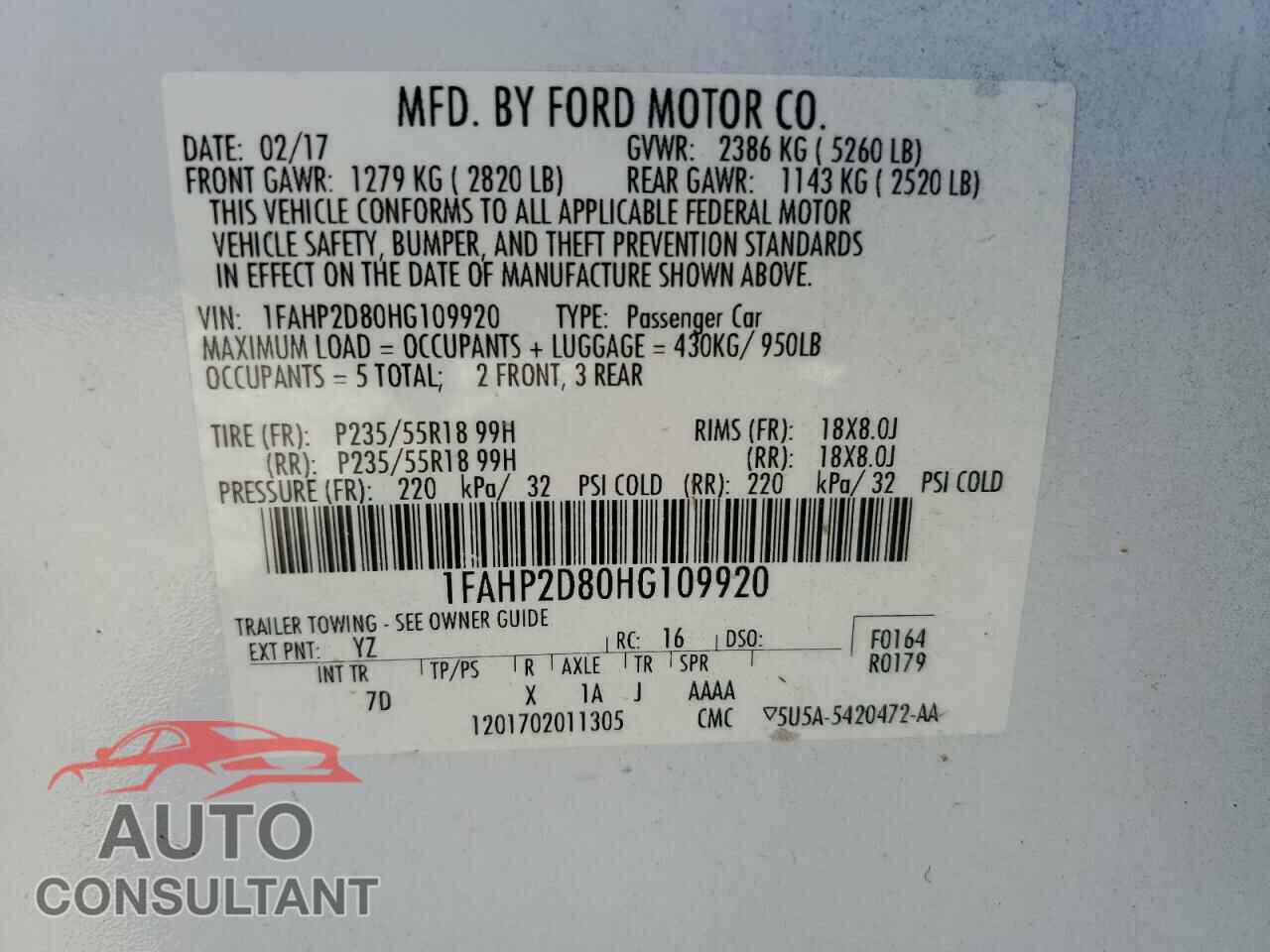 FORD TAURUS 2017 - 1FAHP2D80HG109920