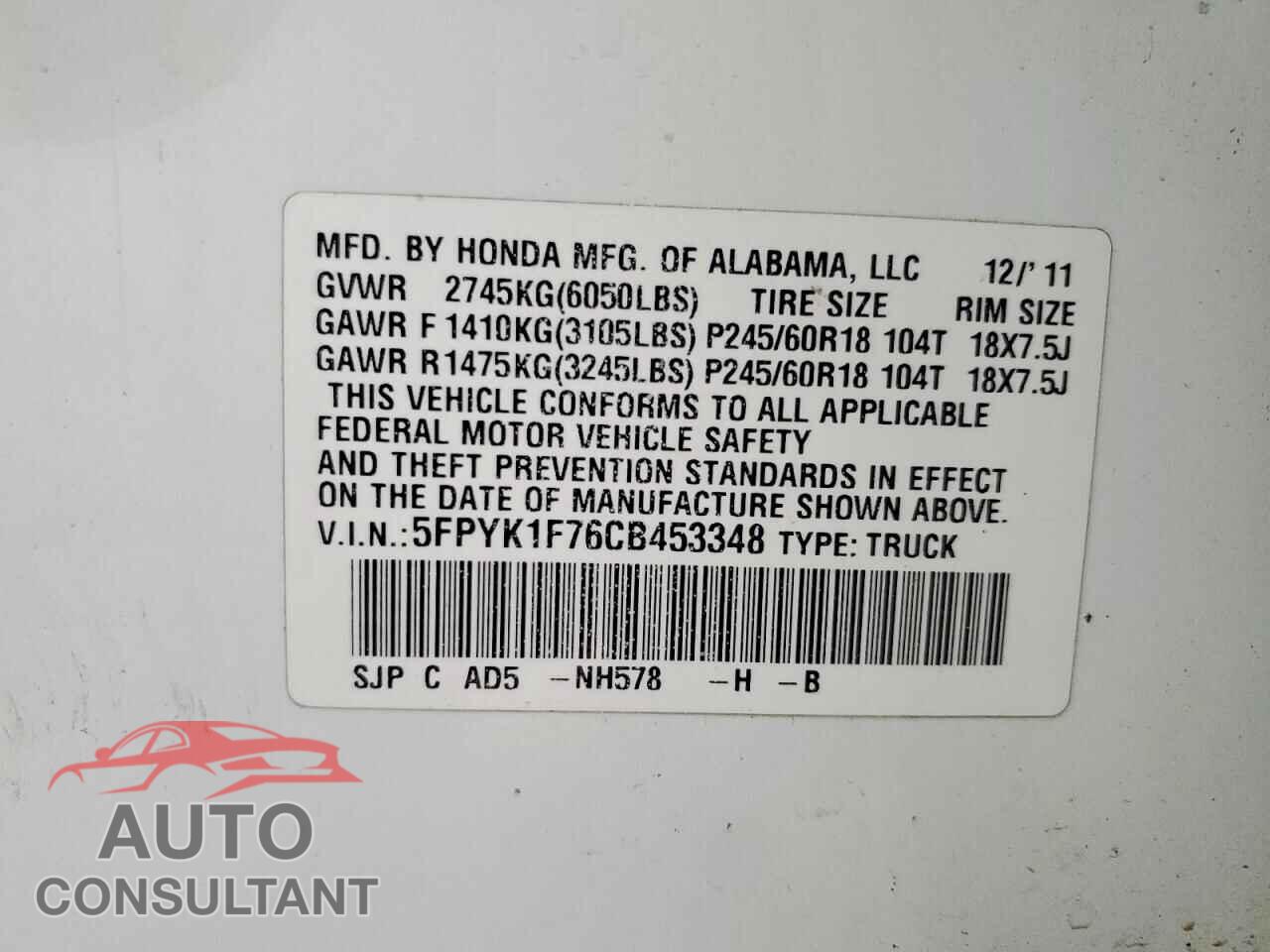 HONDA RIDGELINE 2012 - 5FPYK1F76CB453348