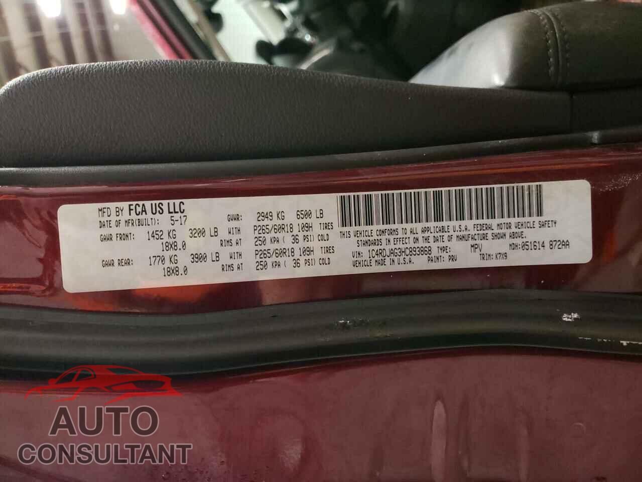 DODGE DURANGO 2017 - 1C4RDJAG3HC893868
