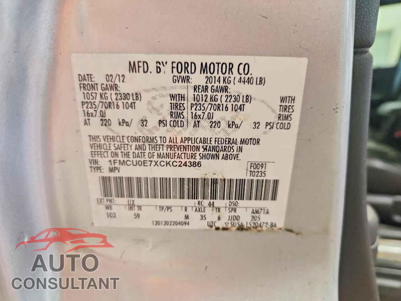FORD ESCAPE 2012 - 1FMCU0E7XCKC24386