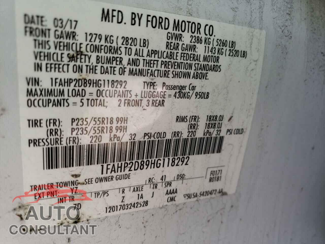 FORD TAURUS 2017 - 1FAHP2D89HG118292